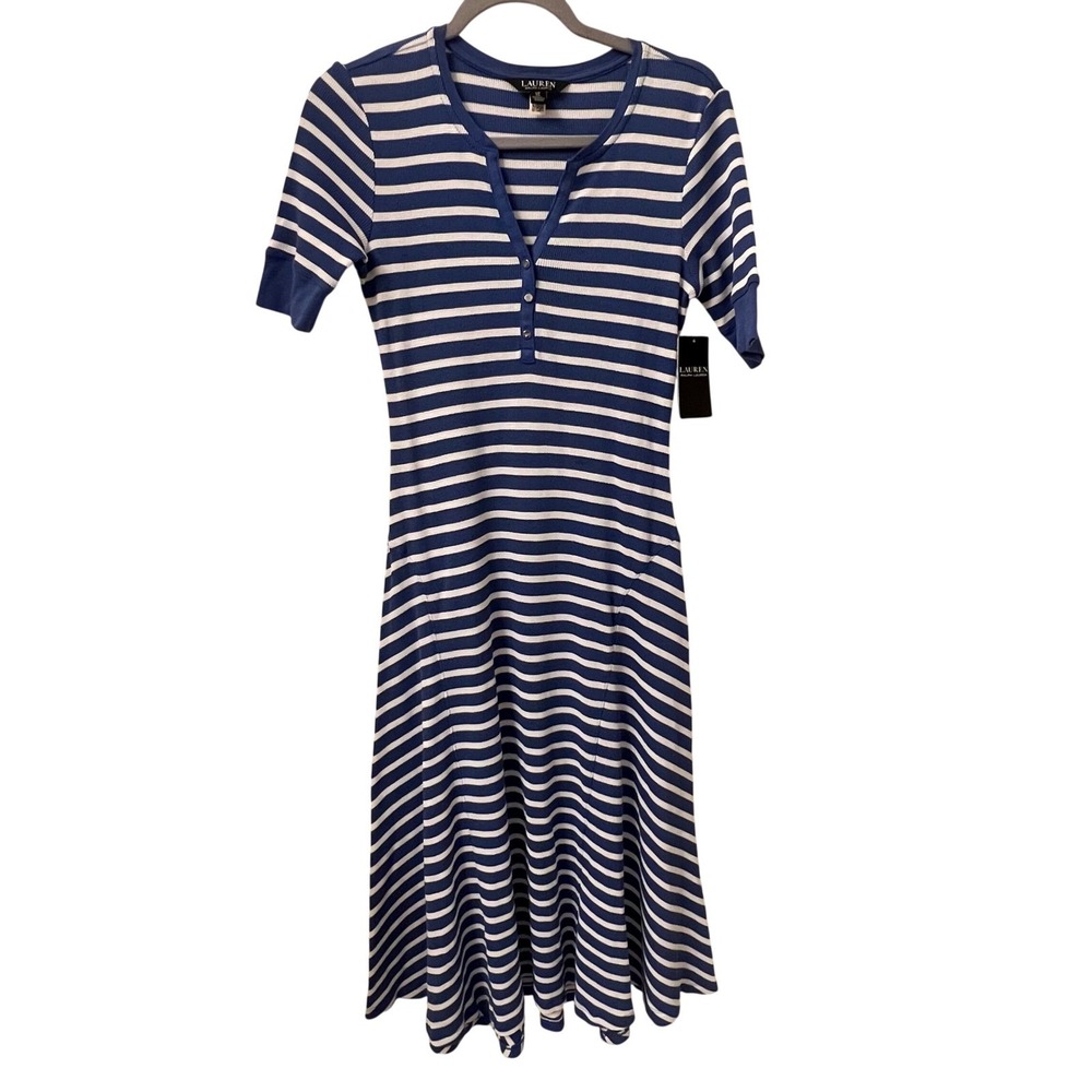 Lauren Ralph Lauren NWT Blue White Striped Waffle Knit Henley Midi Dress. Small